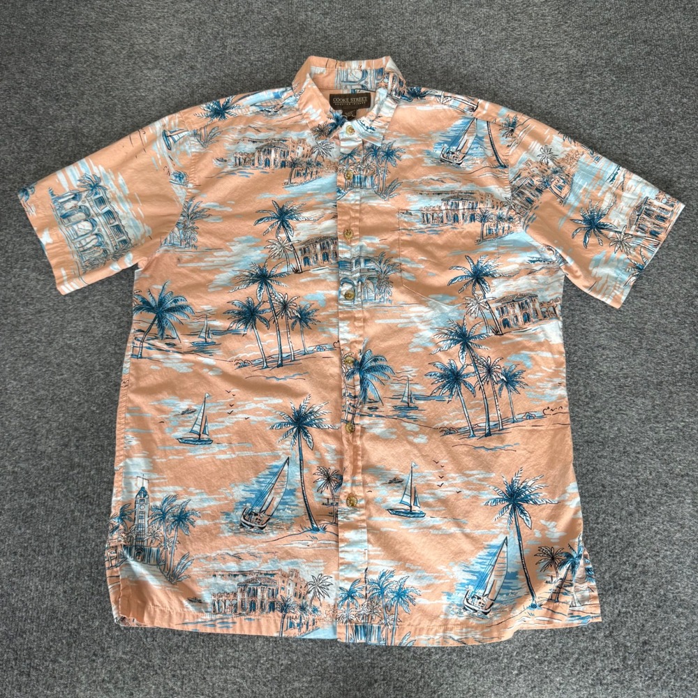Cooke Street Men Hawaiian Shirt Medium Peach Blue Tropical Sailboat Cotton Aloha